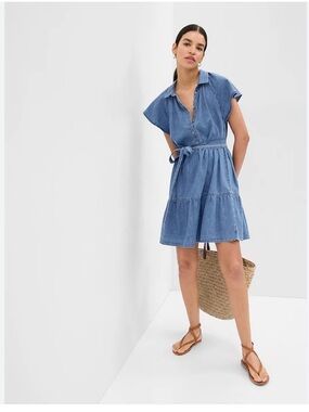 Organic Cotton Denim Flutter Sleeve Mini Shirtdress Size: M Tall